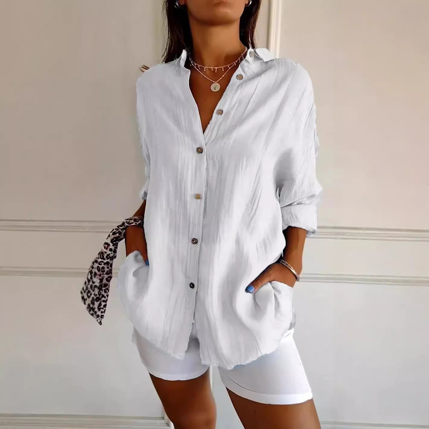 Peach blossom pleated shirt breathable cotton-spandex blend wrinkle fabric commuter-ready style