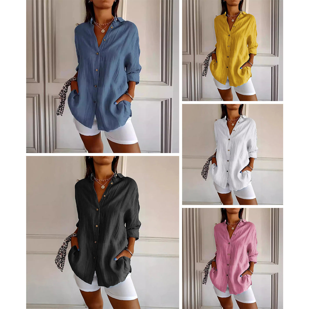 Peach blossom pleated shirt breathable cotton-spandex wrinkle fabric commuter-ready stretch top