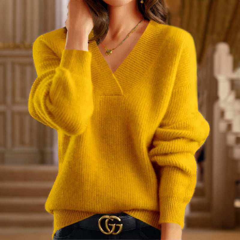 Women's soft knit V-neck sweater cozy wool blend flattering silhouette effortless chic pullover