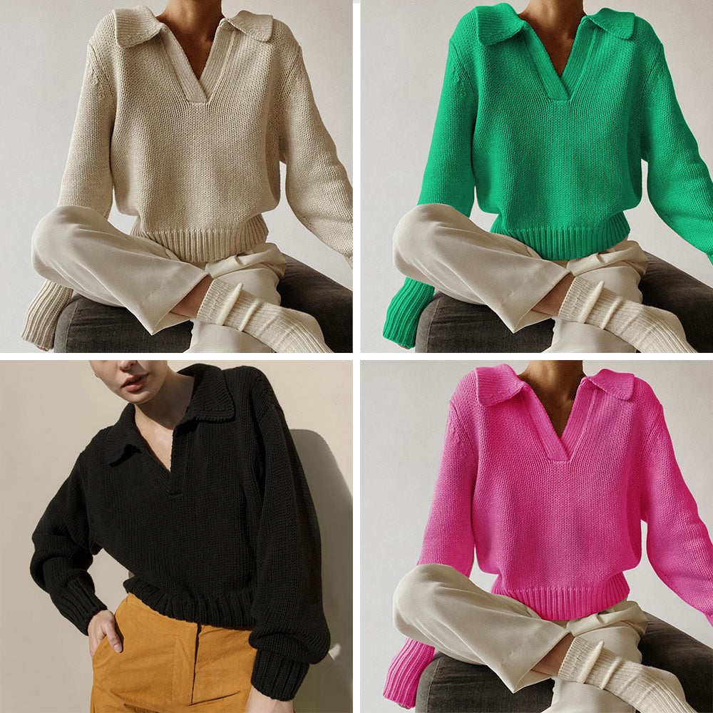 Women's loose fit knit sweater neutral tone bold lapel irregular design cotton-spandex blend