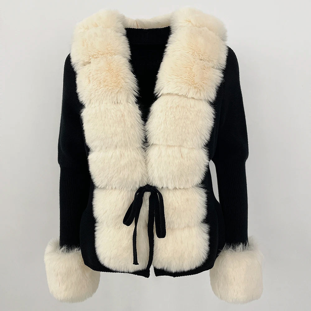 Women's white plush faux fur cardigan with bold structured silhouette and cozy cotton blend knit