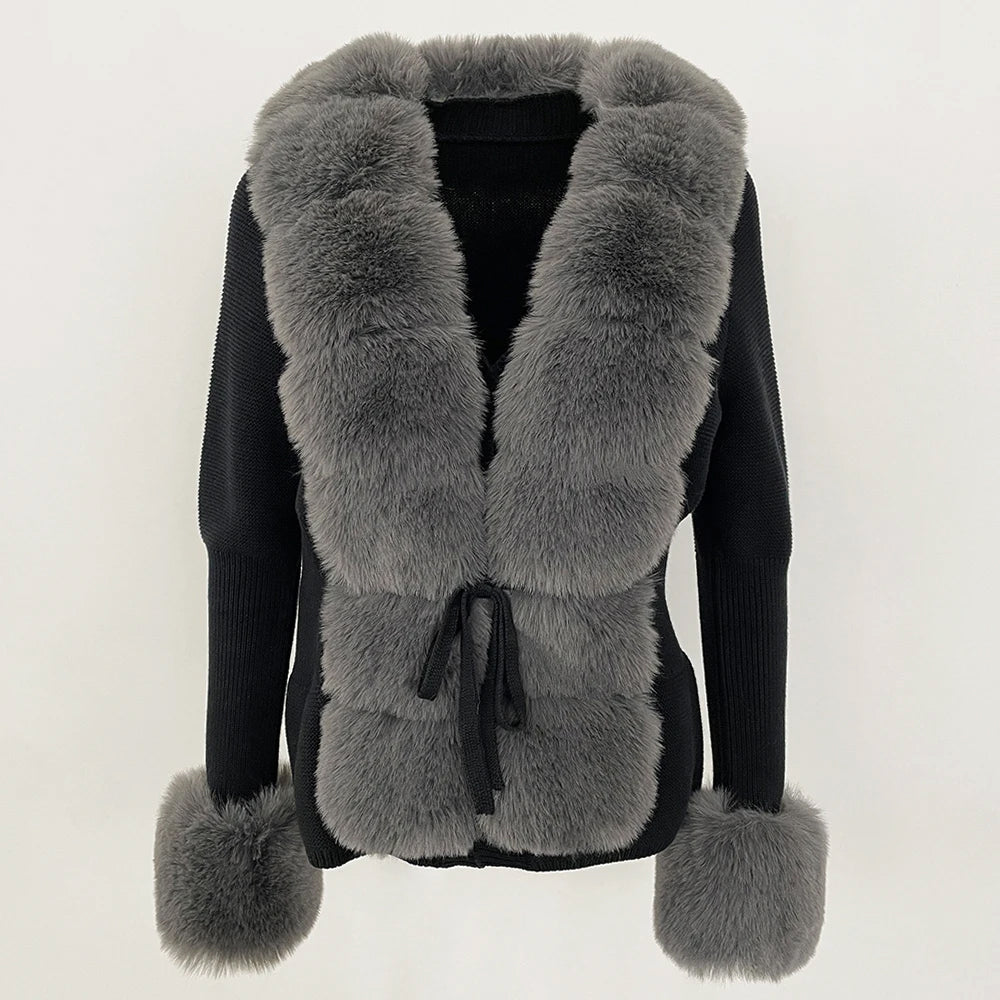 Women's white plush faux fur cardigan with bold structured silhouette and cozy cotton blend knit