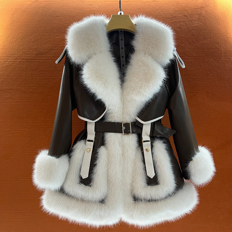 Women's belted fur coat faux fur trim collar cuffs hem regal structured silhouette winter warmth