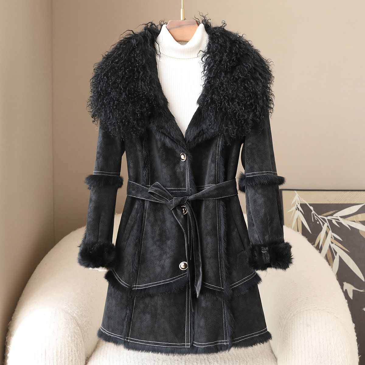 Ivory wool-blend full-length belted coat with real rabbit fur collar and cuffs, luxurious winter style