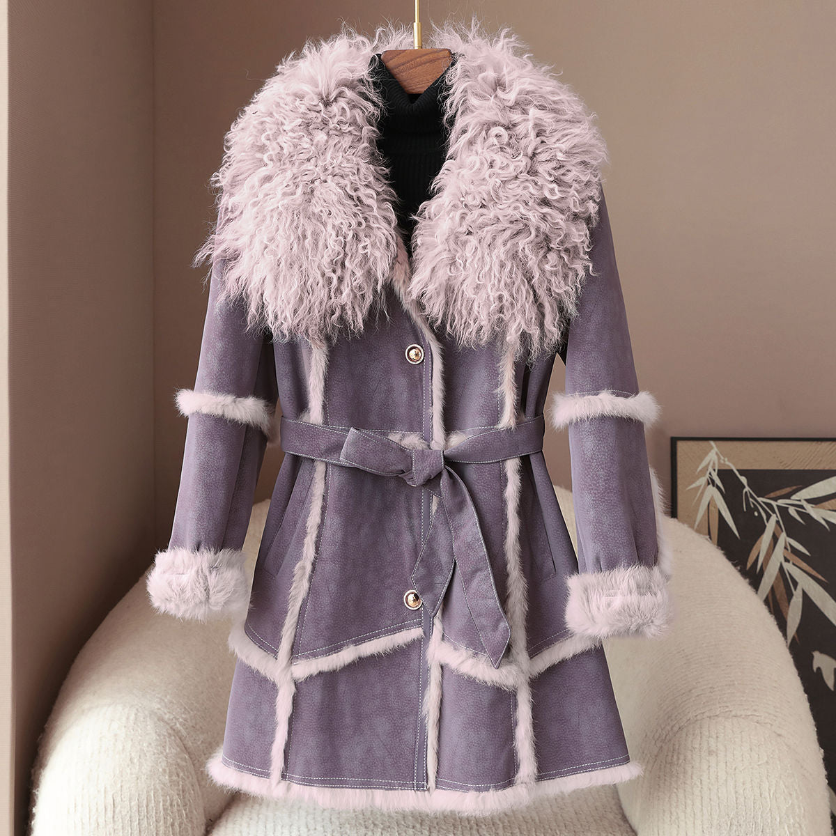 Ivory wool-blend full-length belted coat with real rabbit fur collar and cuffs luxury winter style