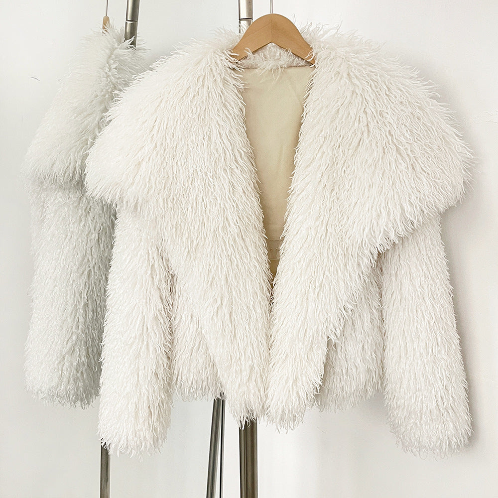 Women's open-front faux fur coat in curly textured vegan fur, soft luxurious ethically made outerwear