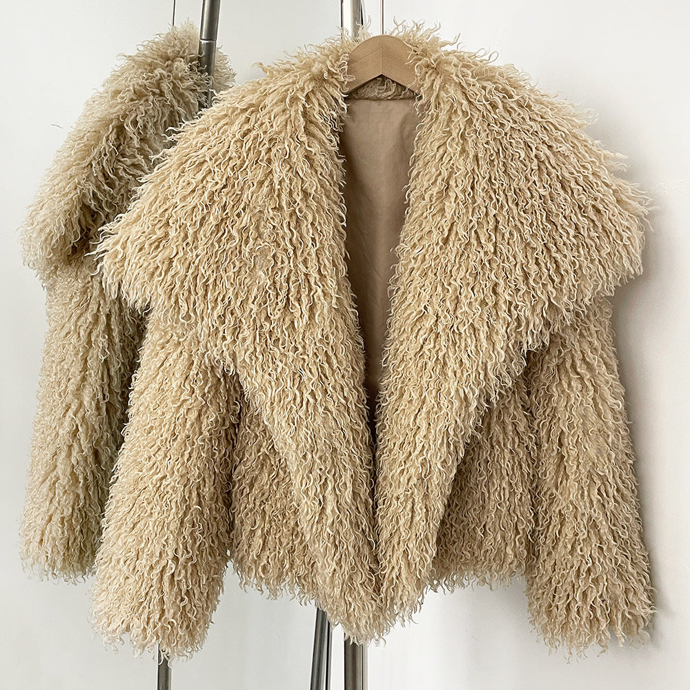 Women's ivory open-front faux fur coat with cozy curl texture, ethically made vegan luxurious outerwear