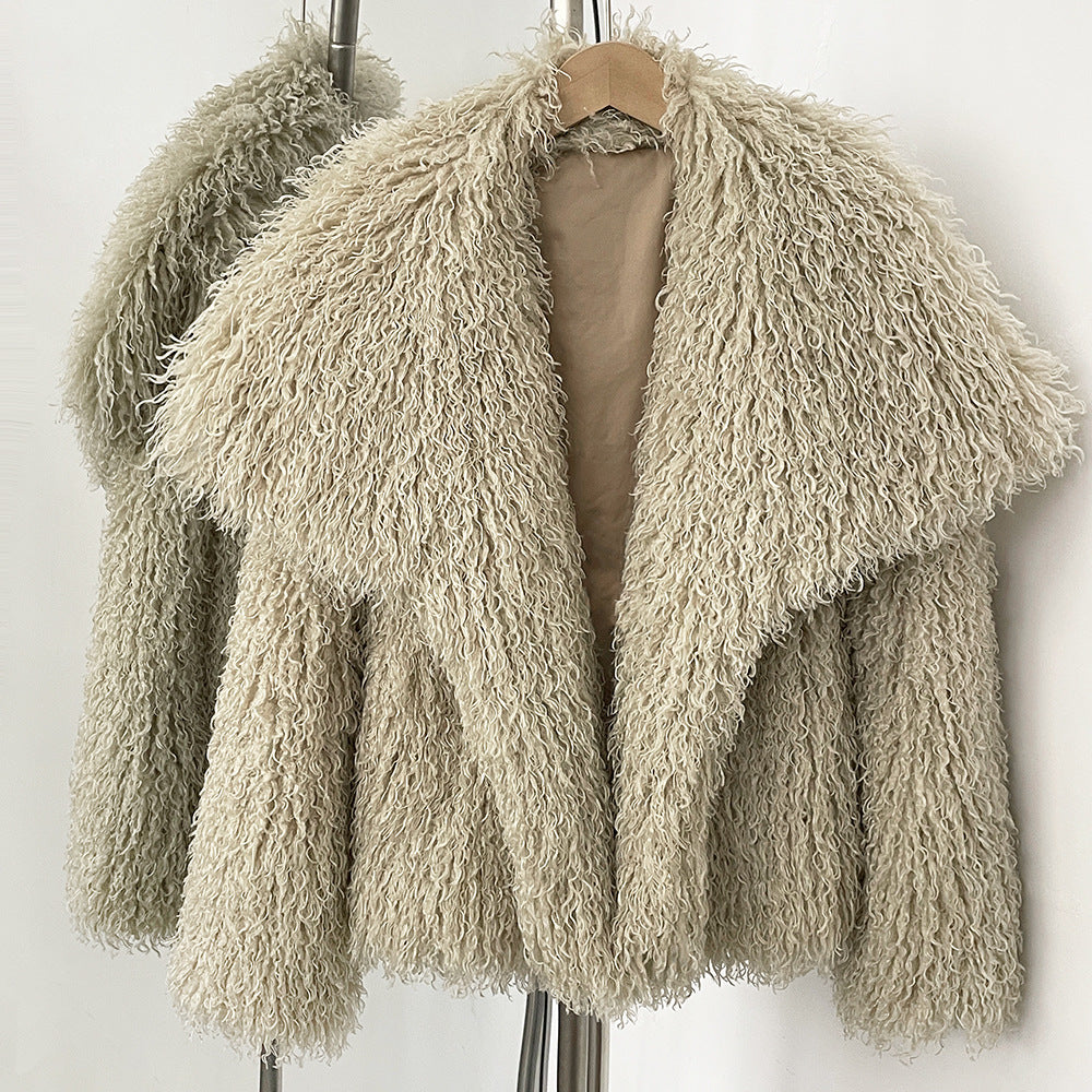 Women's open-front faux fur coat with cozy curl texture in soft luxurious ethically made vegan style