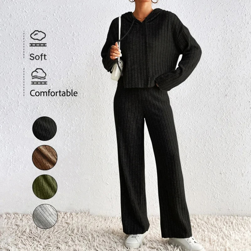 Women's ribbed knit 2-piece lounge set with cropped hoodie and high-waisted wide-leg pants