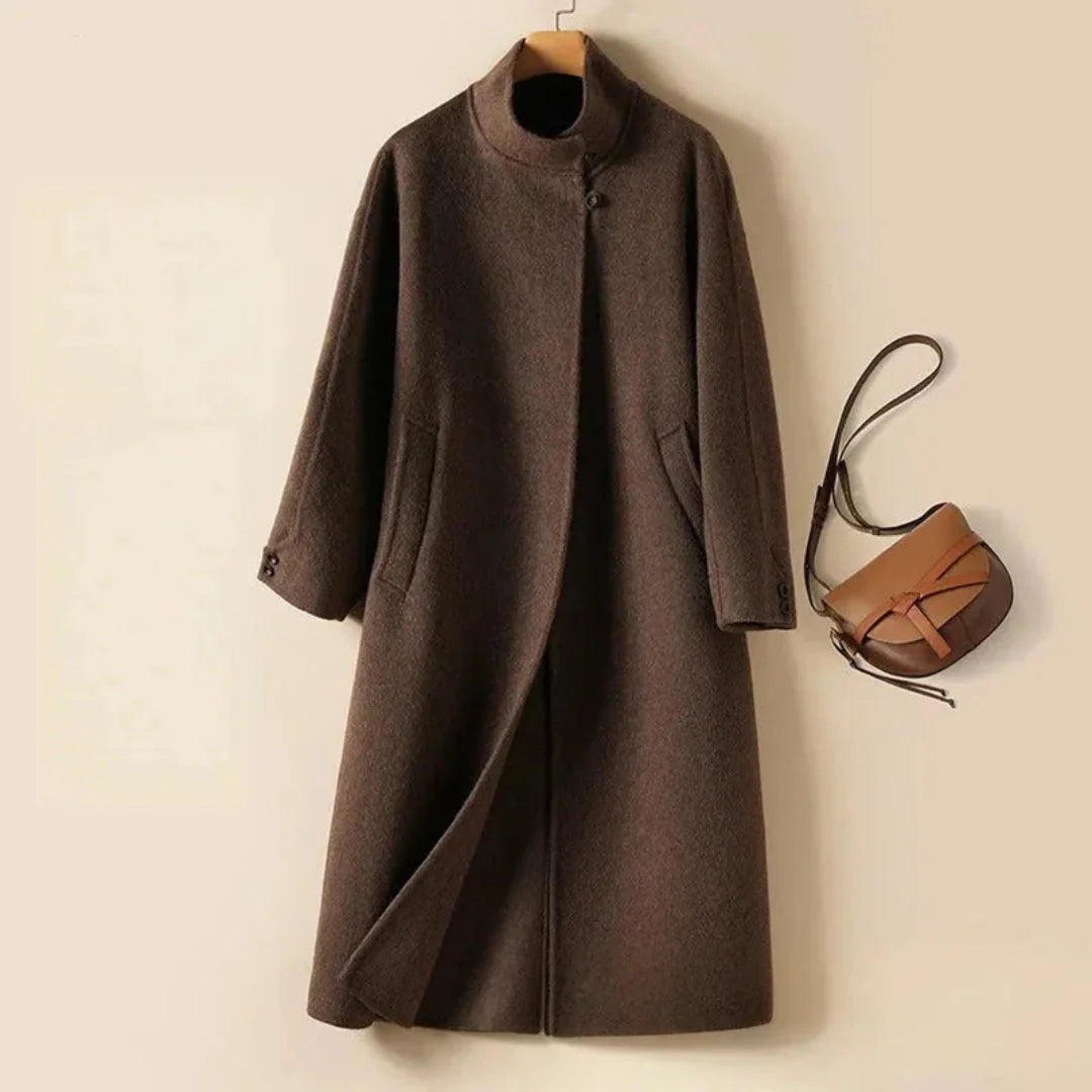Women's longline collarless wool coat Sofia structured silhouette premium tailored outerwear