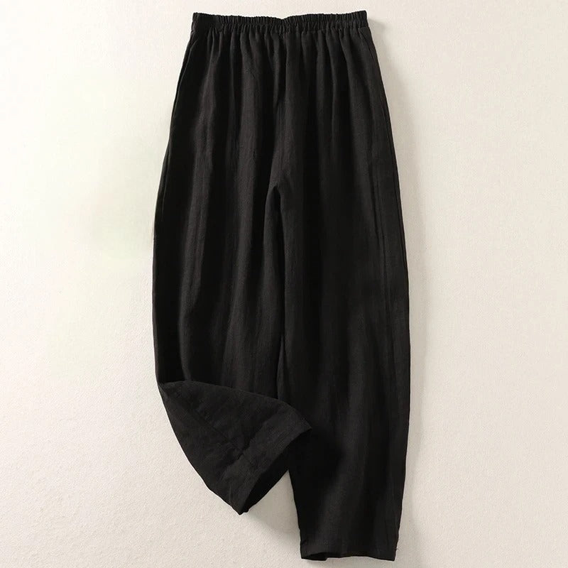 Women's beige linen tapered pants relaxed fit with elastic waist, lightweight breathable everyday style