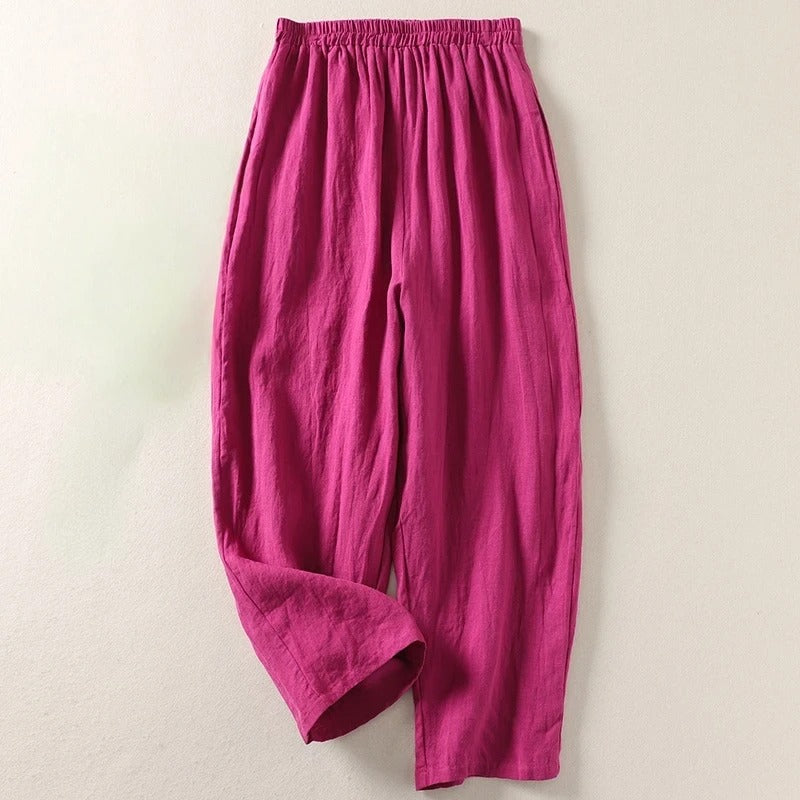 Women's relaxed tapered linen pants lightweight breathable elastic waist casual everyday style