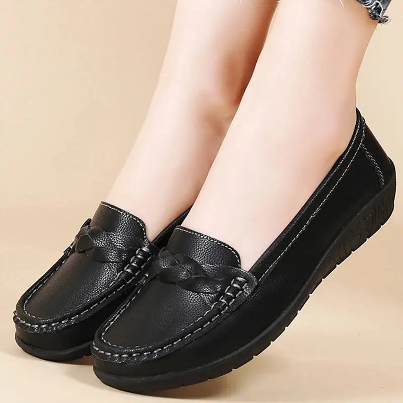 Black women's slip-on loafers faux leather flat shoes effortless comfort office weekend wear