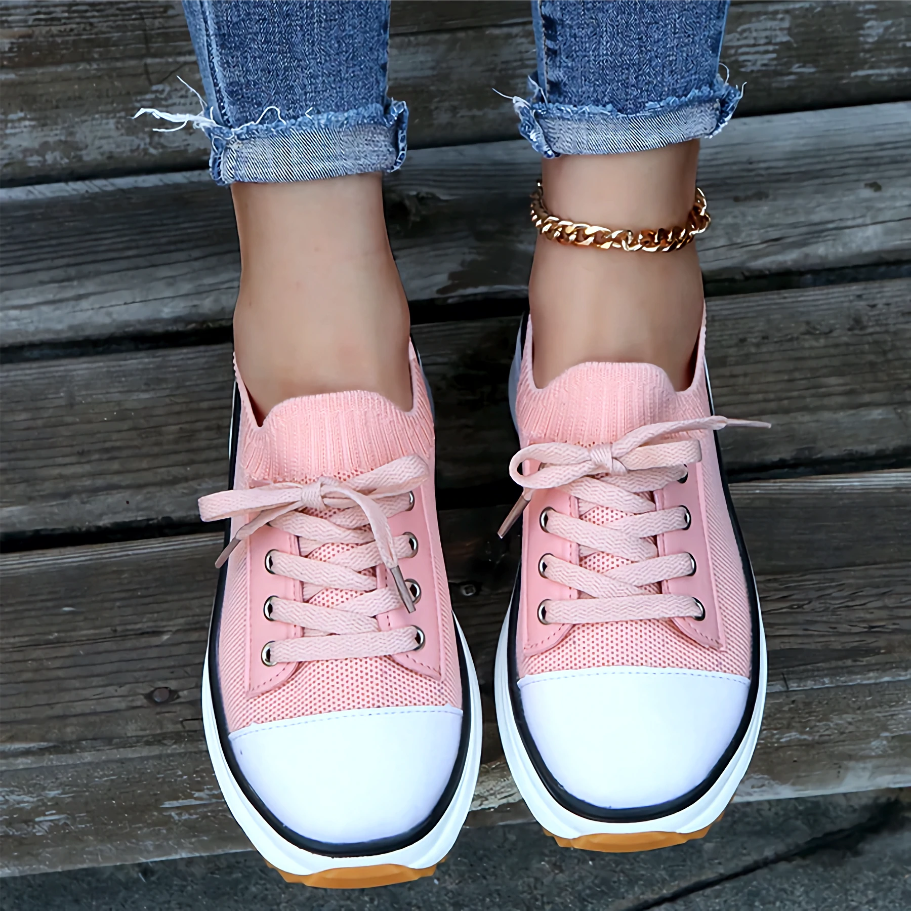 Women's soft knit platform sneakers in neutral tones with breathable upper and chunky lifted sole