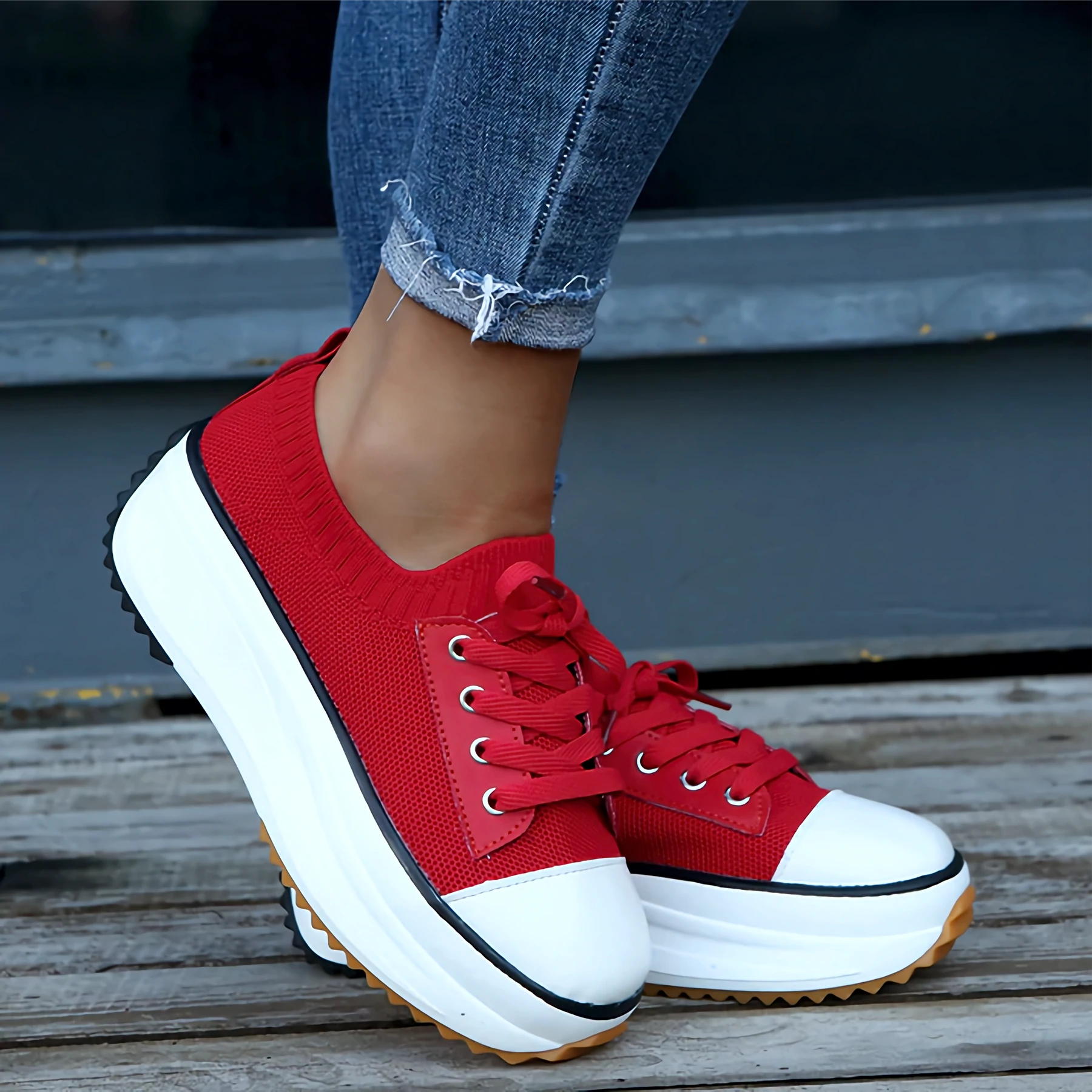 Women's soft knit platform sneakers in neutral tones, breathable flexible upper with chunky sole lift