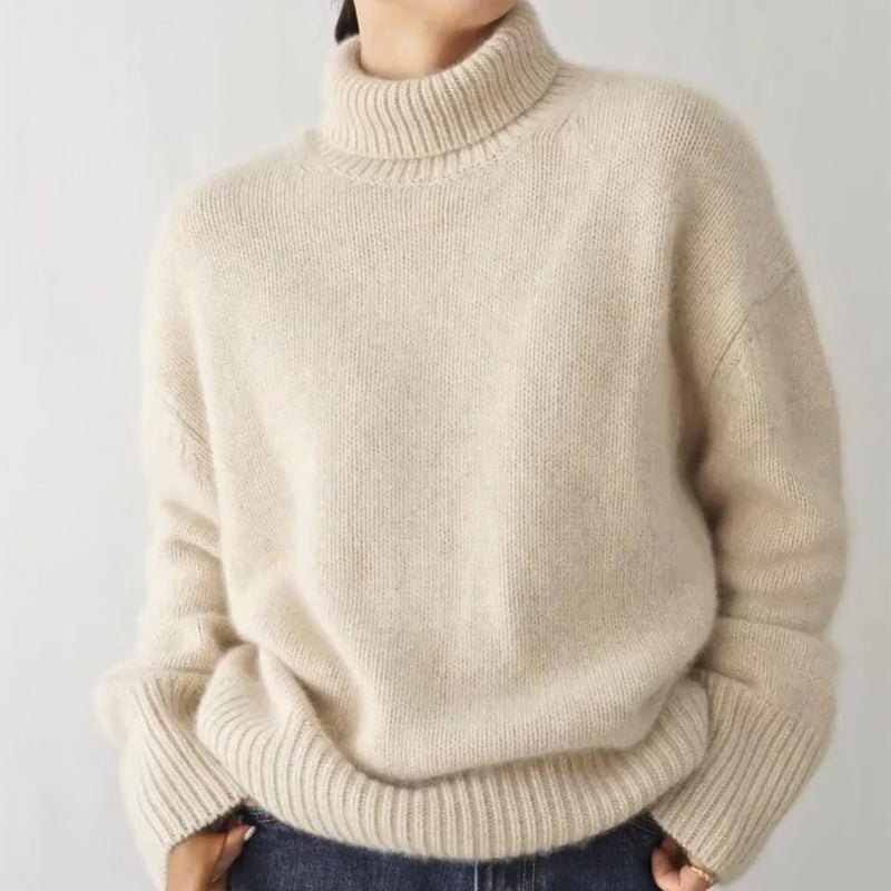 Women's soft knit turtleneck sweater, loose relaxed fit acrylic blend with plush warmth in muted tones