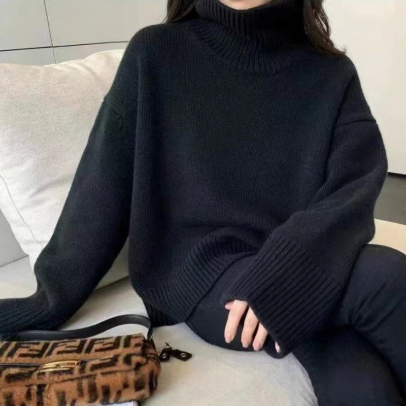Women's soft knit turtleneck sweater, loose relaxed fit, acrylic blend, plush warmth muted tones