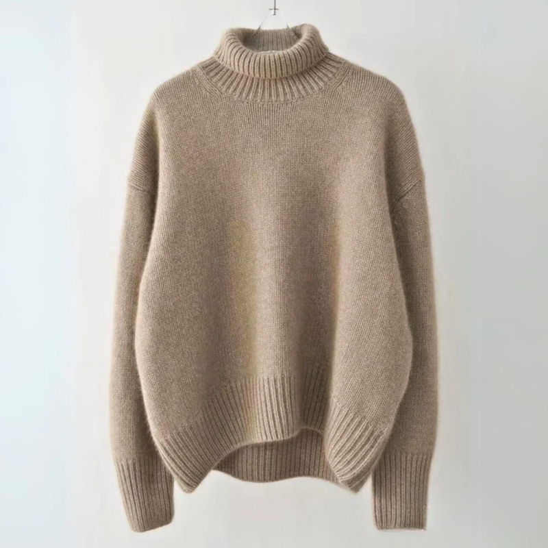Women's soft knit turtleneck sweater, loose relaxed fit, muted tones, plush acrylic blend cozy layer