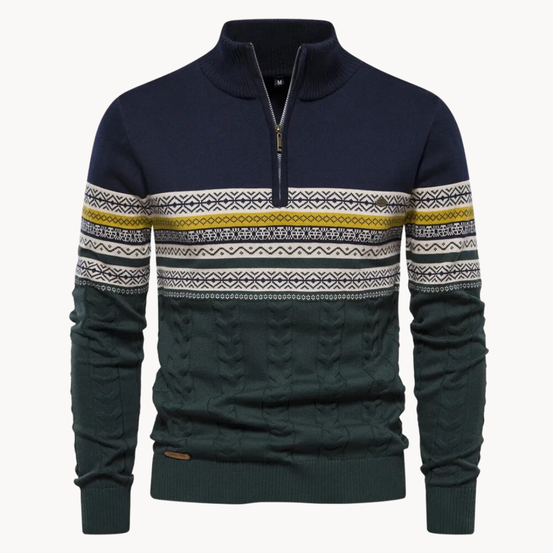 Unisex Nordic knit pullover zip, cozy winter style with cable detailing and contrast zip closure