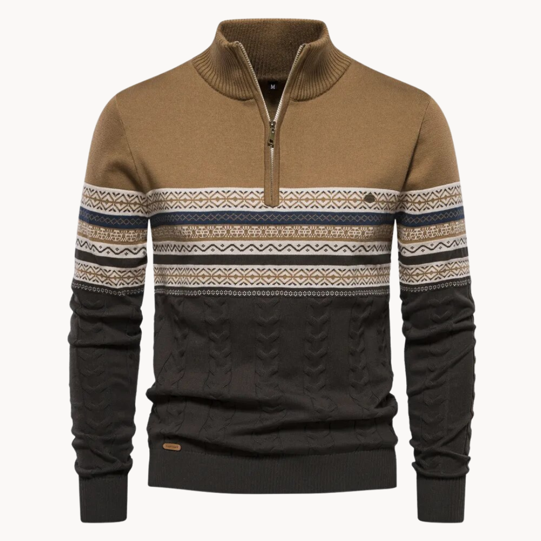 Unisex Nordic knit pullover zip, cozy winter style with cable detailing and contrast zip closure