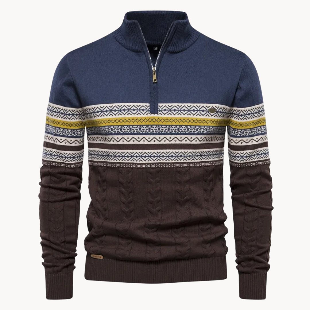 Unisex nordic knit pullover zip in cozy winter tones with cable detailing and contrast zip closure