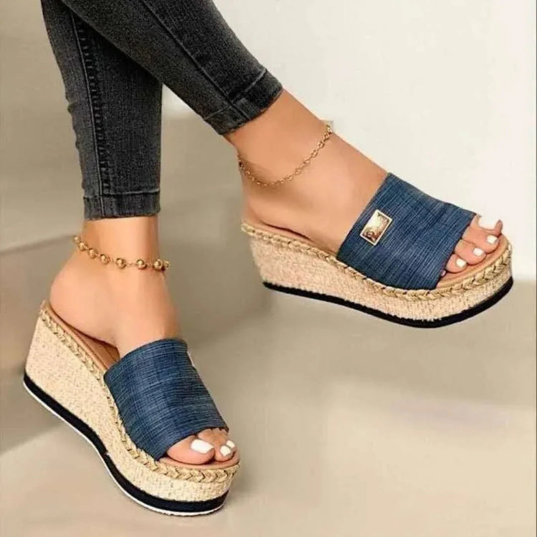 Women's beige espadrille wedge sandals open-toe slip-on platform with breathable fabric upper