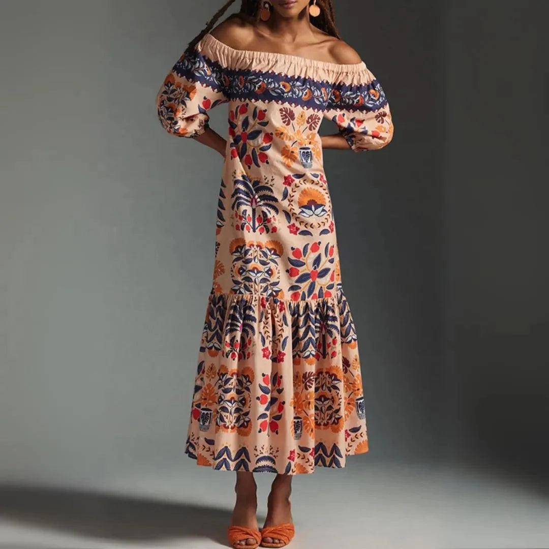 Multicolor floral off-shoulder boho maxi dress with elastic neckline for vacation style