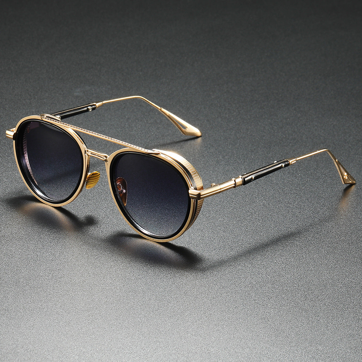 Solaris retro luxe sunglasses gold-tone frame warm brown gradient lenses UV protection ribbed detailing