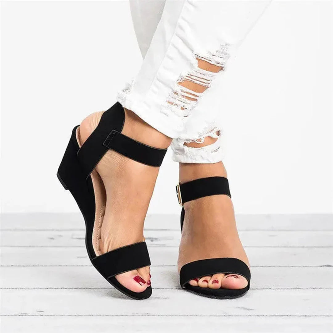 Women's faux suede open-toe wedge sandals with buckle ankle strap and cushioned comfort sole