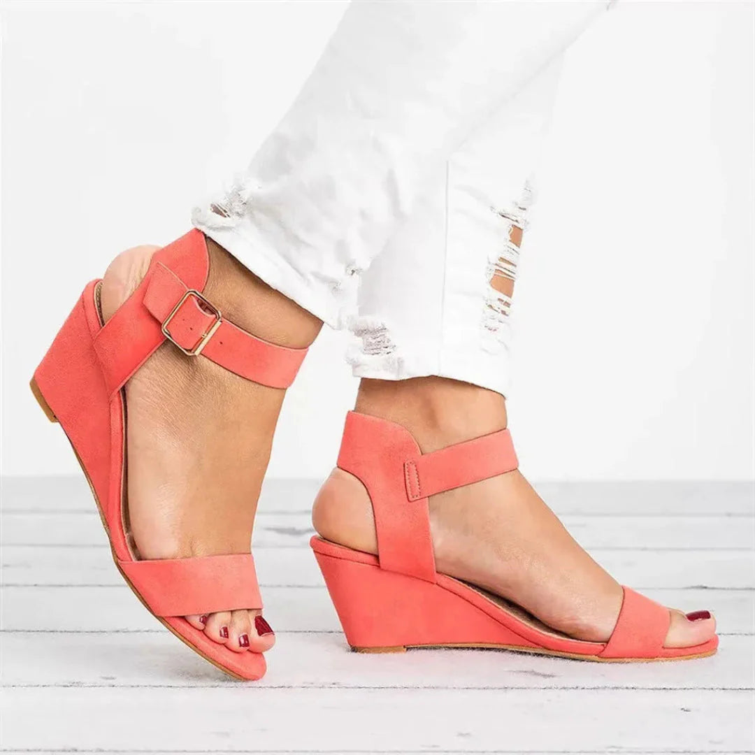Soleil women's suede wedge sandals, open-toe buckle ankle strap, cushioned comfort lift