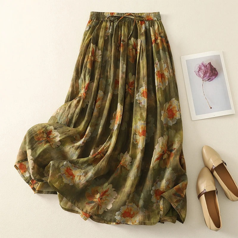 Boho maxi skirt earthy patchwork mosaic print lightweight breathable flowing fabric multicolor