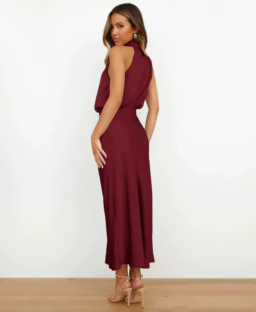 Women's sleeveless high-neck satin A-line evening gown in luxurious fabric for formal weddings