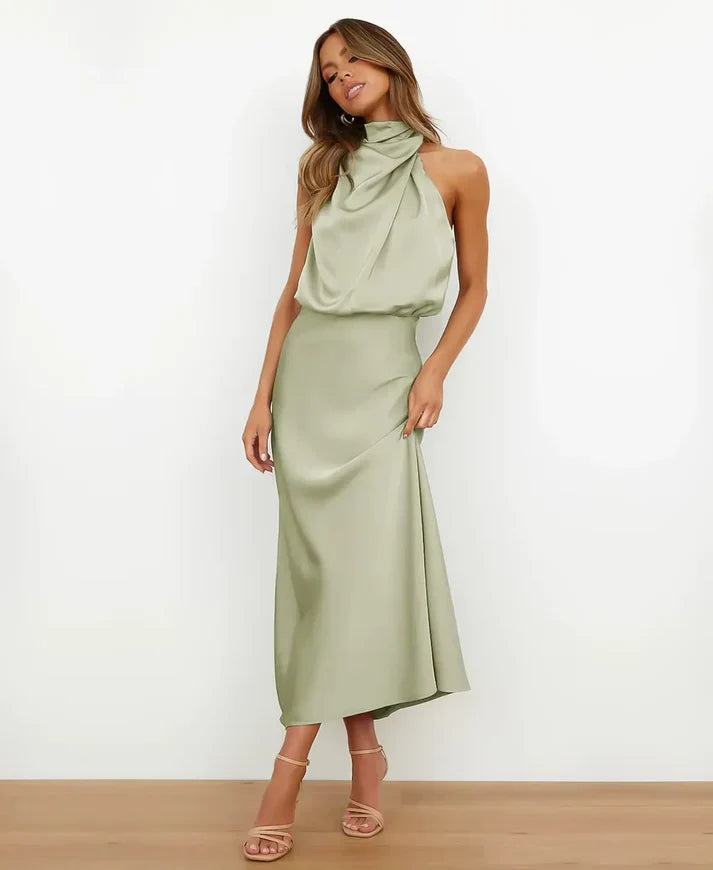 Women's sleeveless high-neck satin A-line evening gown in luxurious fabric for formal weddings