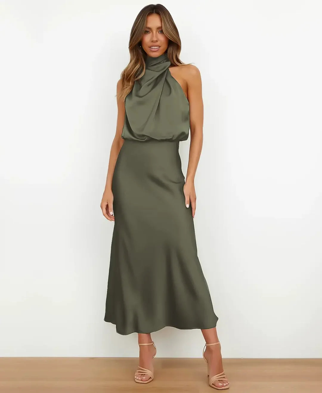 Women's sleeveless high-neck satin evening gown A-line silhouette elegant formal wedding dress