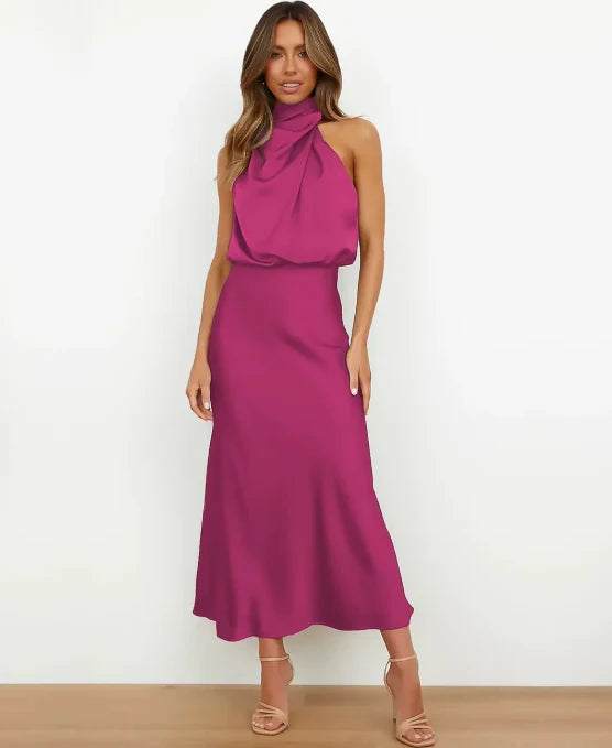 Women's ivory satin A-line evening gown sleeveless high-neck formal wedding dress