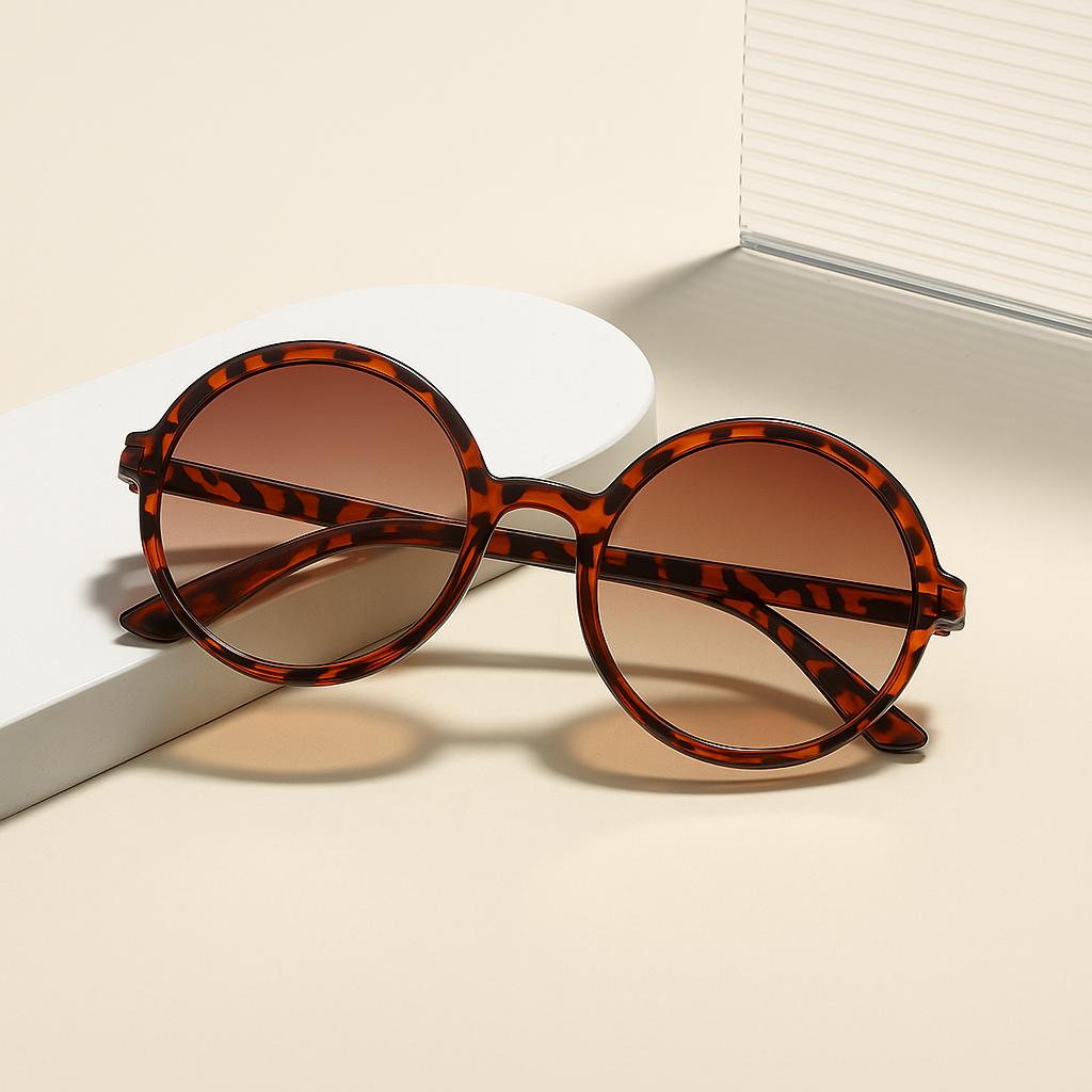 Oversized round tortoiseshell acetate sunglasses with gradient UV lenses, retro vintage-inspired silhouette