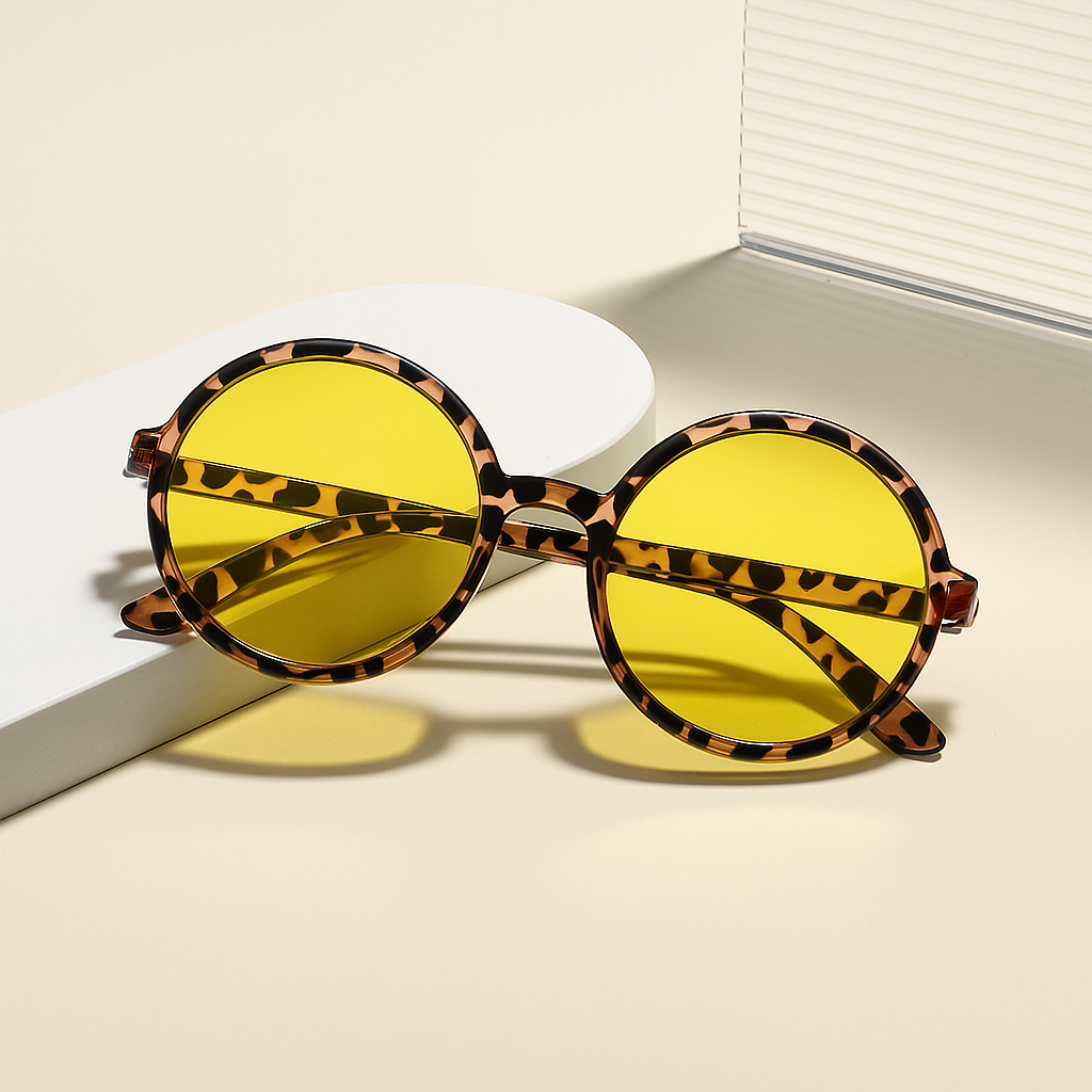 Oversized round tortoiseshell acetate sunglasses with gradient UV lenses, retro-modern vintage silhouette
