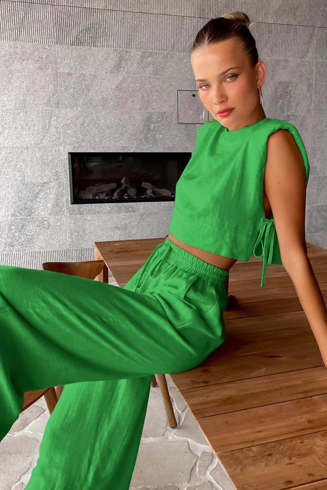 Women's linen blend sleeveless top and wide-leg pants set, minimalist design with adjustable waistband