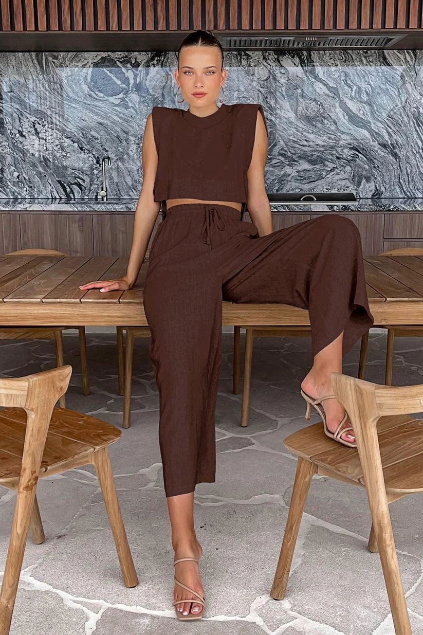 Women's linen blend summer set, sleeveless crop top and wide-leg pants, minimalist style with adjustable waistband