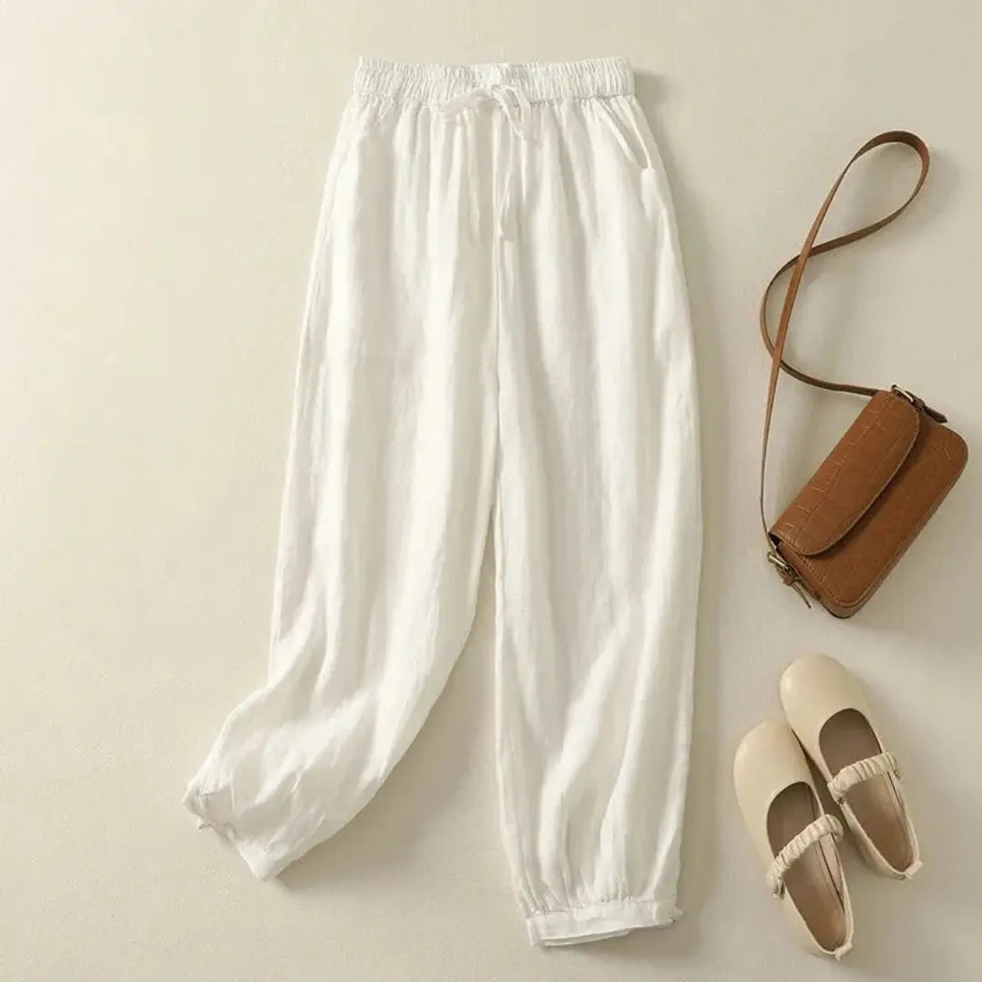 Women's beige linen jogger pants elastic drawstring waist ankle length lightweight breathable