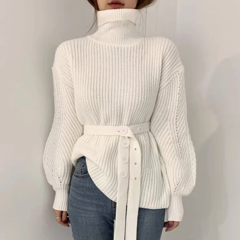 Women's ivory turtleneck sweater with dramatic puff sleeves and high stand-up collar, loose fit