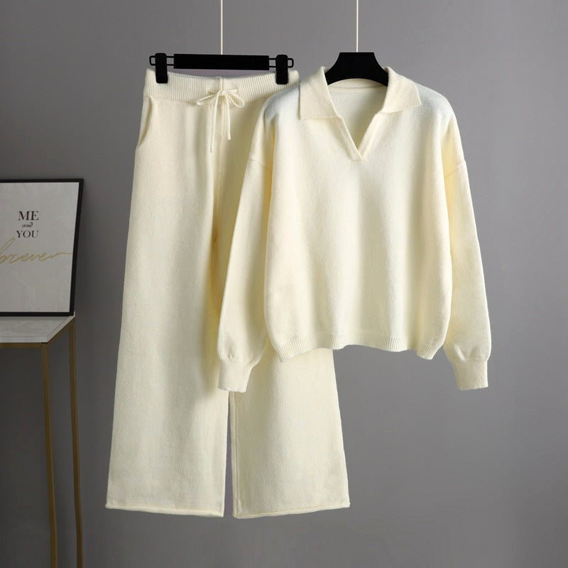Women's knitted sweater pants set cozy cotton blend soft fabric casual two-piece loungewear
