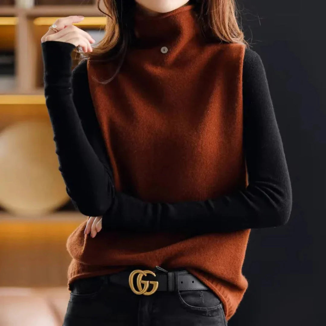 Women's ivory wool turtleneck vest sleeveless layering piece with high neck, soft premium knit