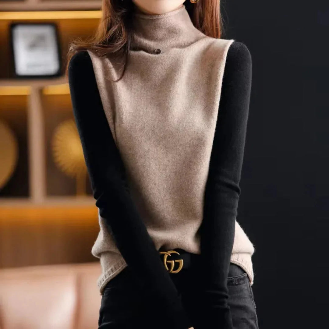 Women's ivory wool sleeveless turtleneck vest, premium soft layering essential for cold weather