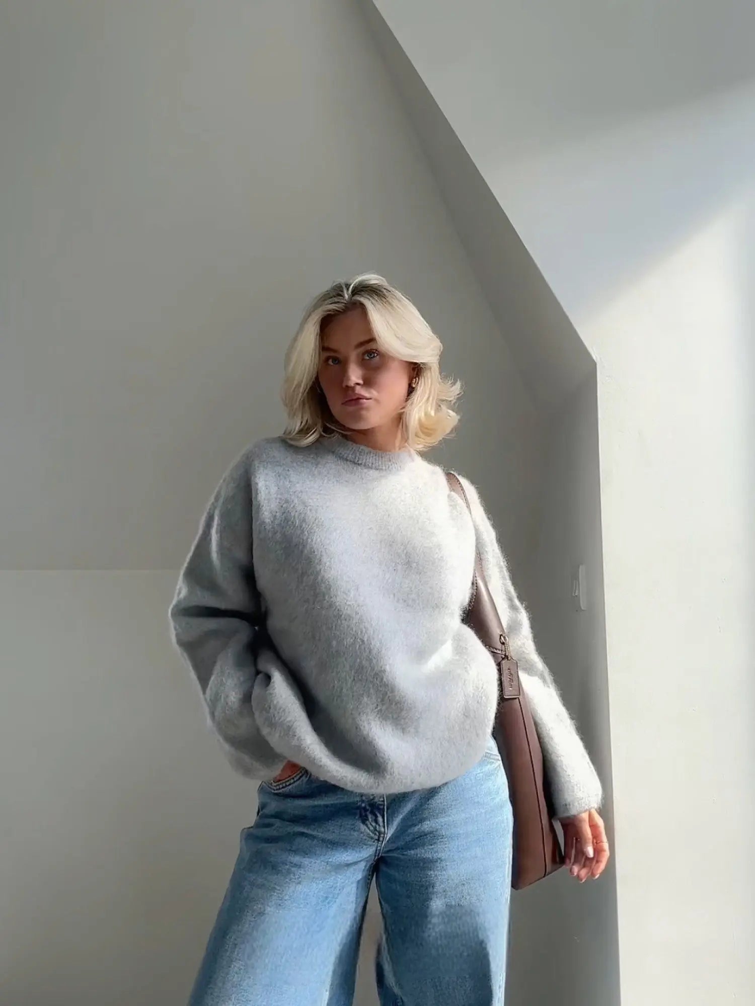 Women deep burgundy mohair-blend sweater relaxed silhouette cozy luxury knit elegant warmth