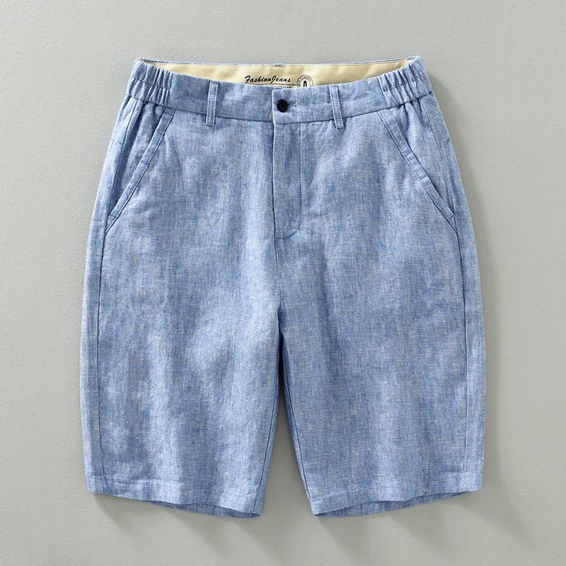 Beige linen tailored shorts smart casual fit with back pocket detail, lightweight breathable summer style