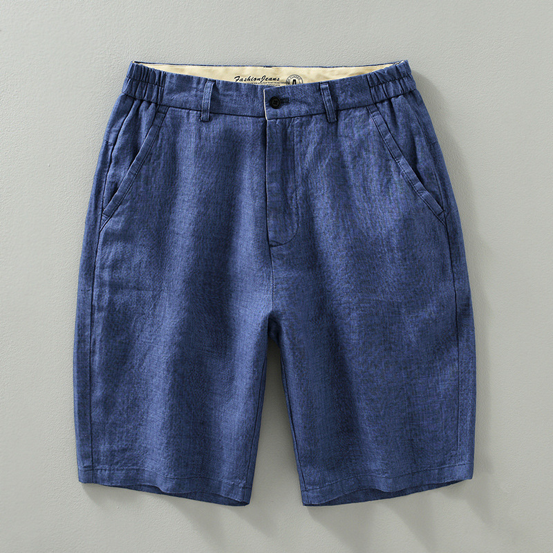 Beige linen tailored shorts smart casual fit with back pocket detail, lightweight breathable summer style