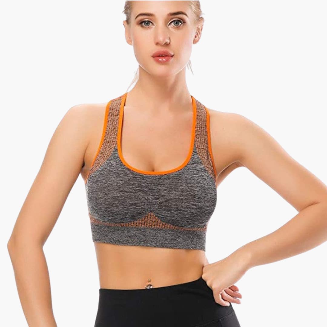 Women's sports bra with adjustable straps, elastic underband, rounded neckline, supportive active fit
