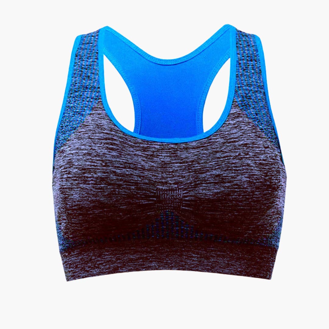 Women's sports bra with adjustable straps, elastic underband, rounded neckline, supportive active fit