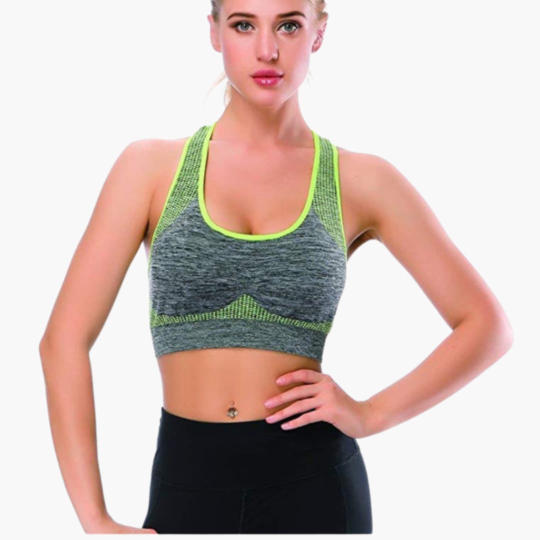 Women's sports bra with adjustable straps, elastic underband, rounded neckline, supportive active fit